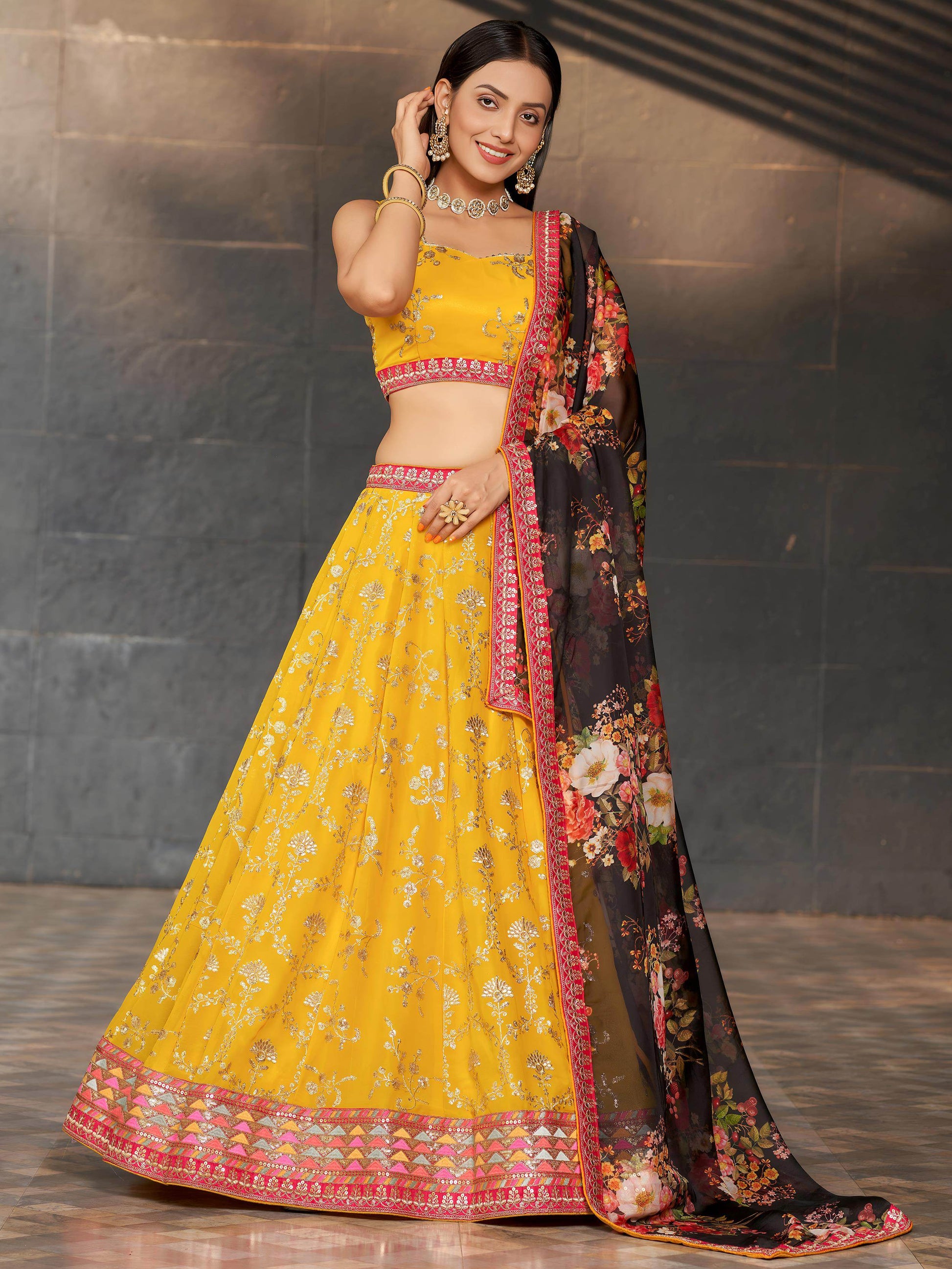 Awesome Yellow Sequins Georgette Haldi Wear Lehenga Choli