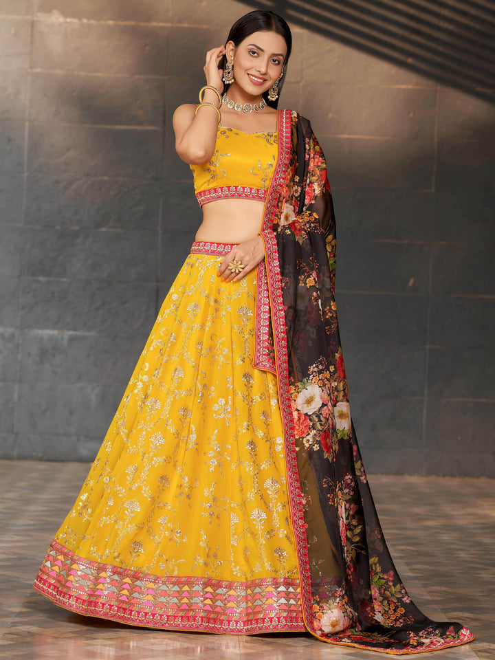 Awesome Yellow Sequins Georgette Haldi Wear Lehenga Choli