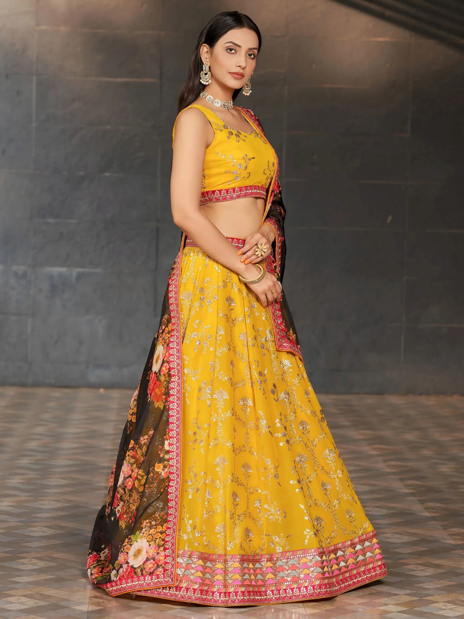 Awesome Yellow Sequins Georgette Haldi Wear Lehenga Choli