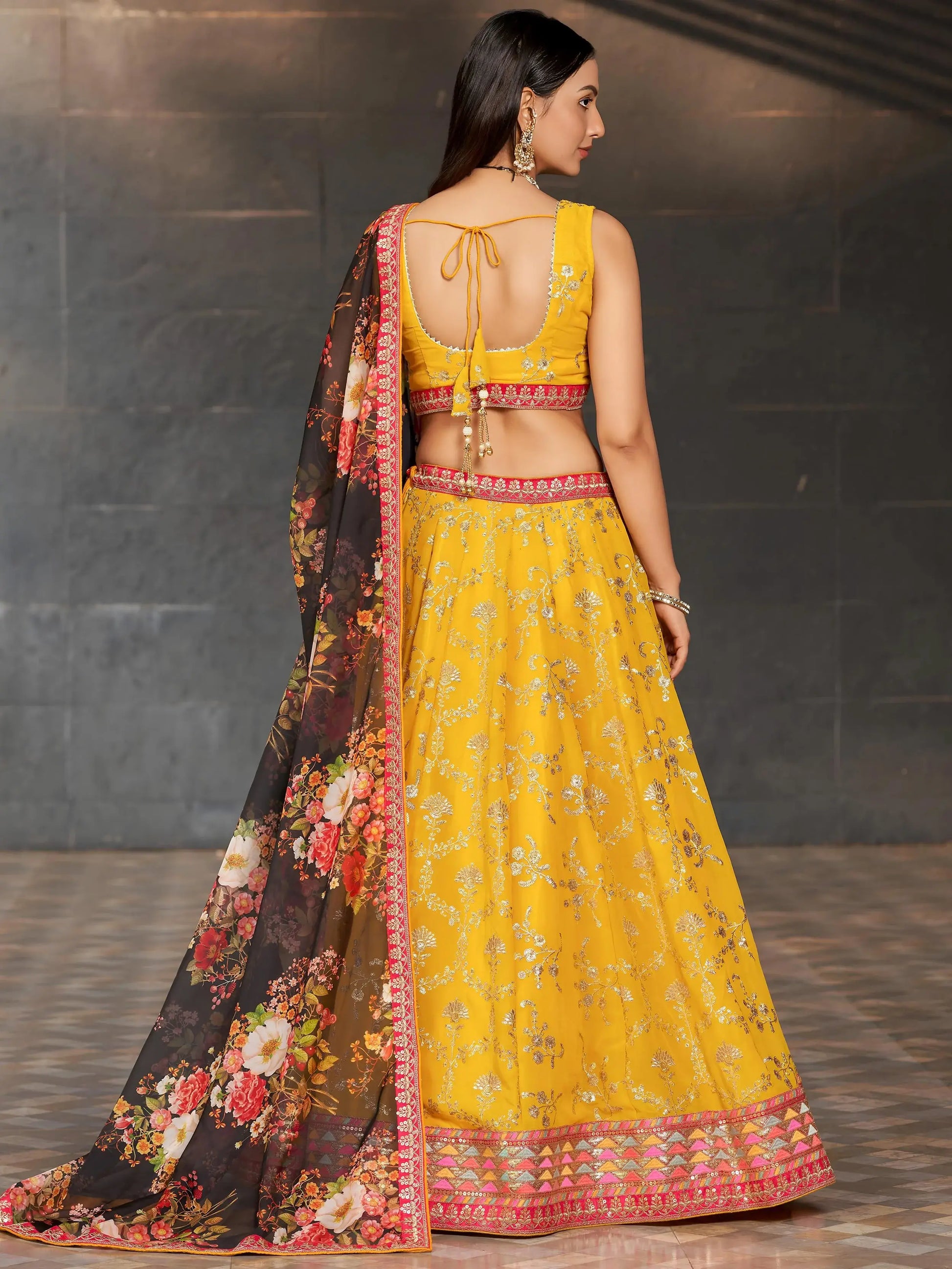 Awesome Yellow Sequins Georgette Haldi Wear Lehenga Choli