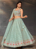 Gorgeous Sky-Blue Sequins Georgette Reception Wear Lehenga Choli