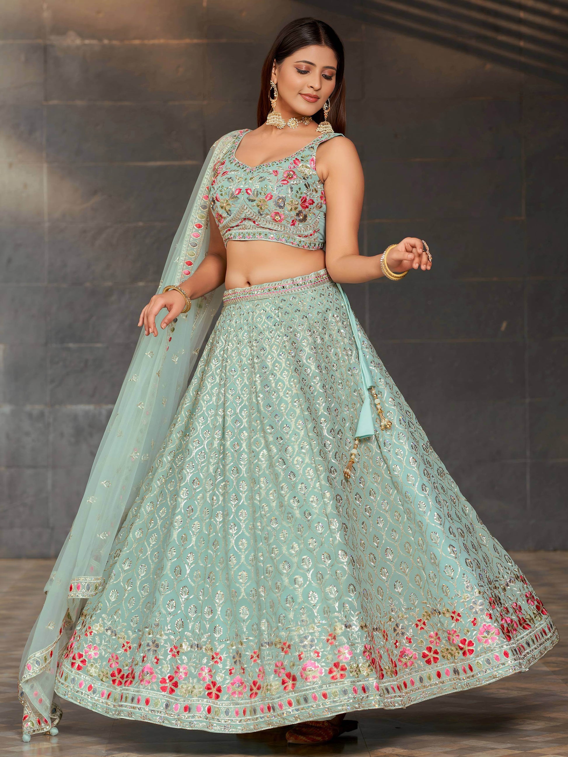 Gorgeous Sky-Blue Sequins Georgette Reception Wear Lehenga Choli