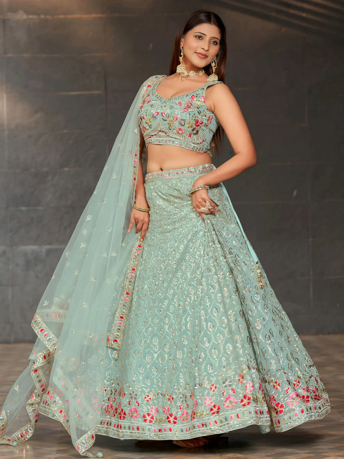 Gorgeous Sky-Blue Sequins Georgette Reception Wear Lehenga Choli