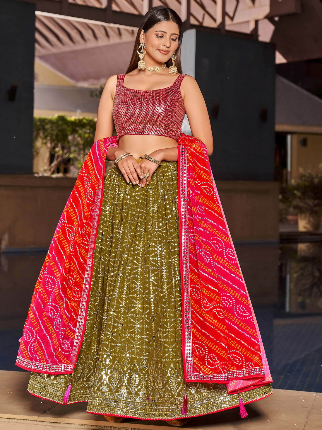 Fabulous Olive Green Sequins Georgette Lehenga Choli With Dupatta