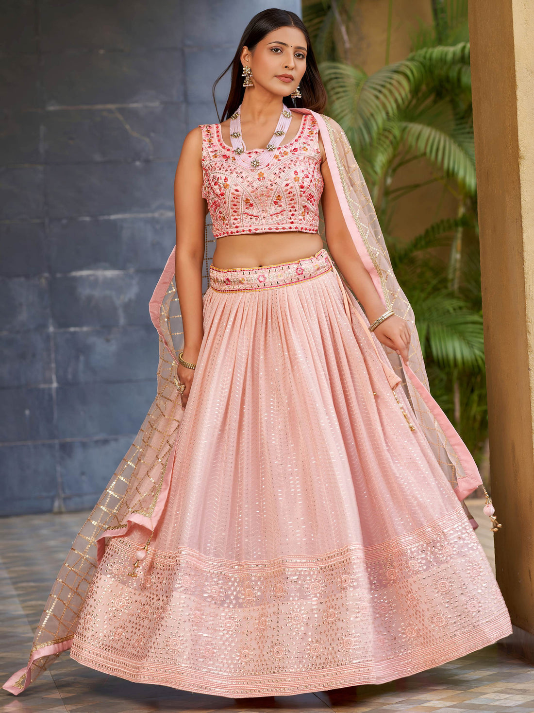 Charming Pink Sequins Georgette Lehenga Choli With Dupatta