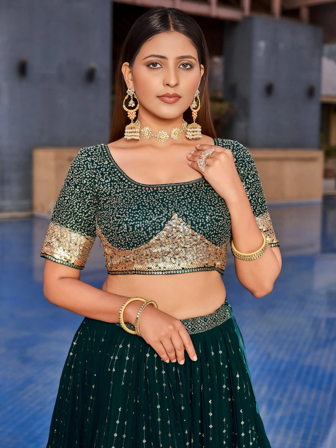 Enchanting Green Sequins Georgette Mehendi Wear Lehenga Choli