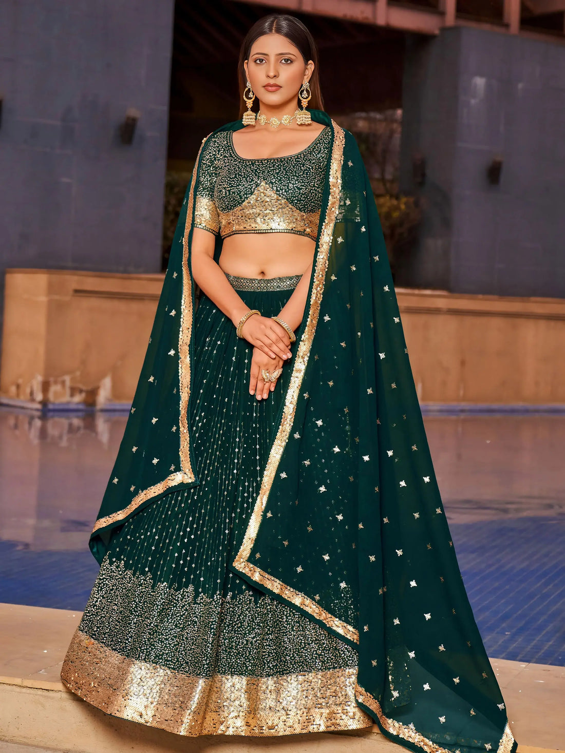 Enchanting Green Sequins Georgette Mehendi Wear Lehenga Choli