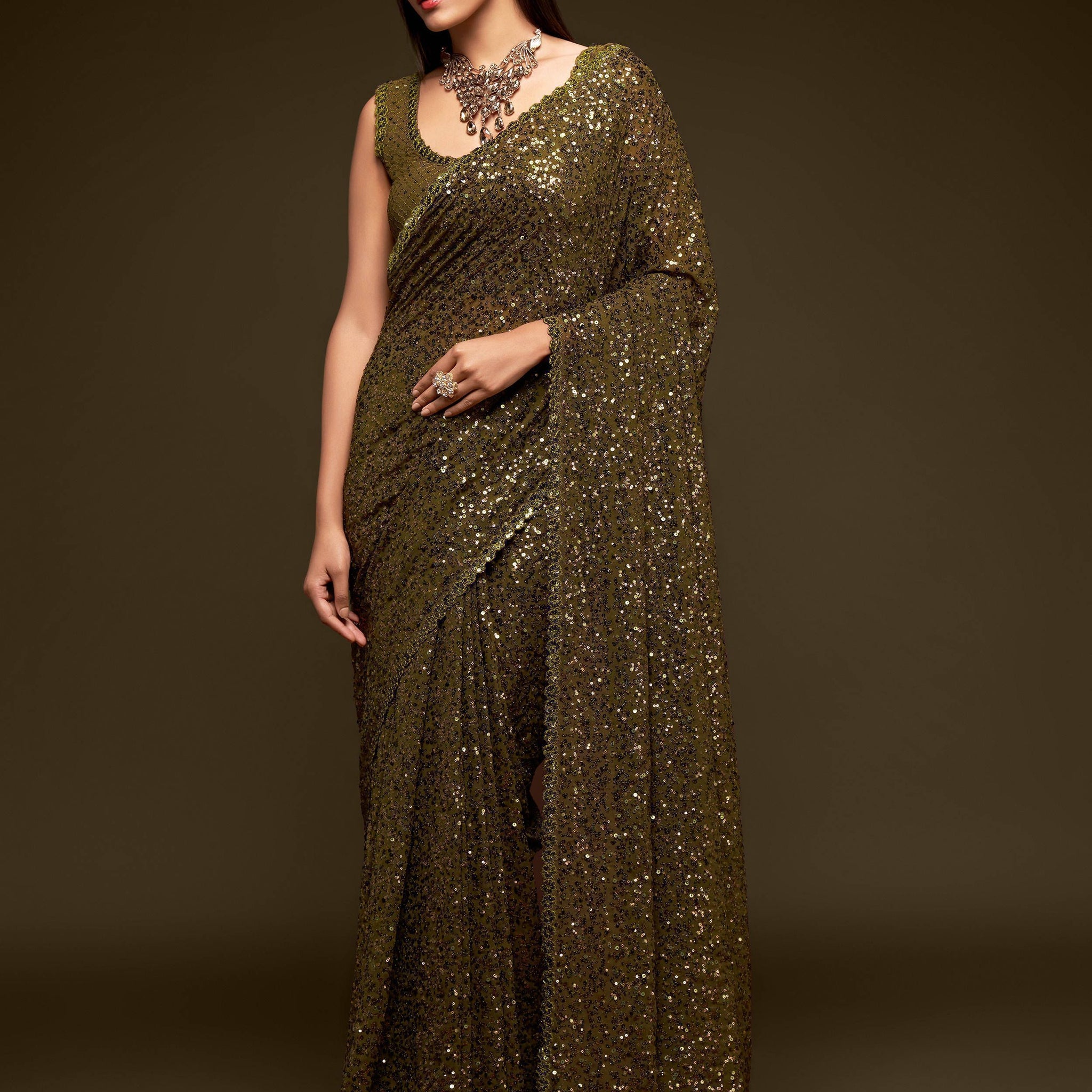 Superb Olive Green Sequined Georgette Party Wear Saree