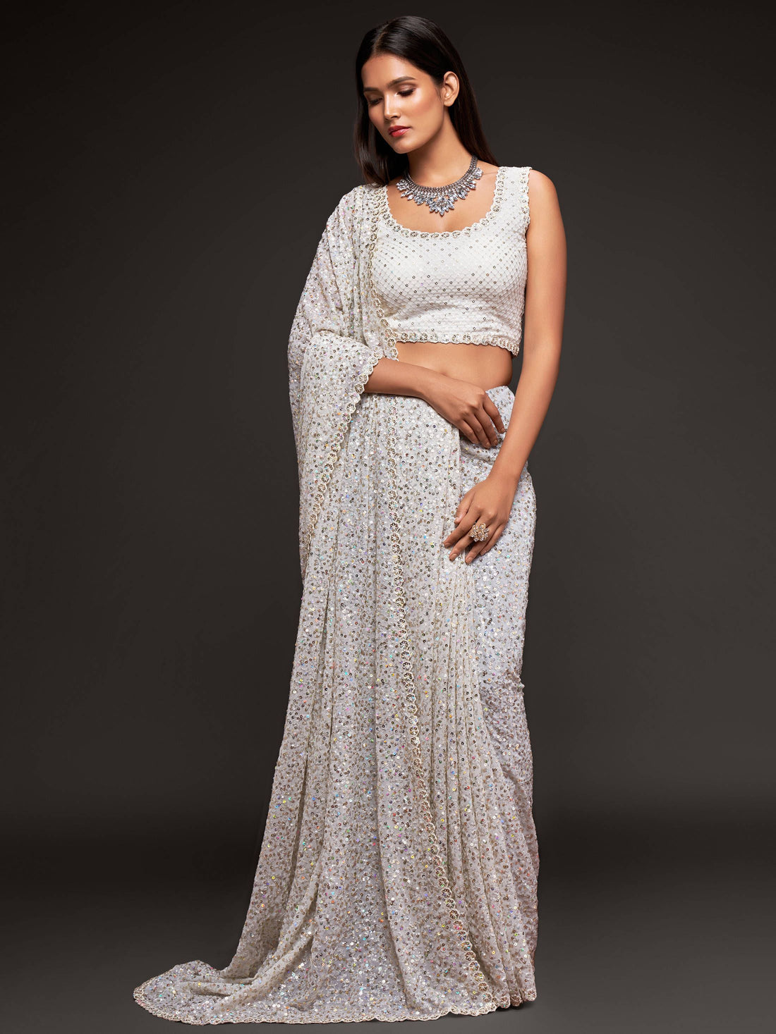 Beautiful Pearl White Sequined Georgette Party Wear Saree