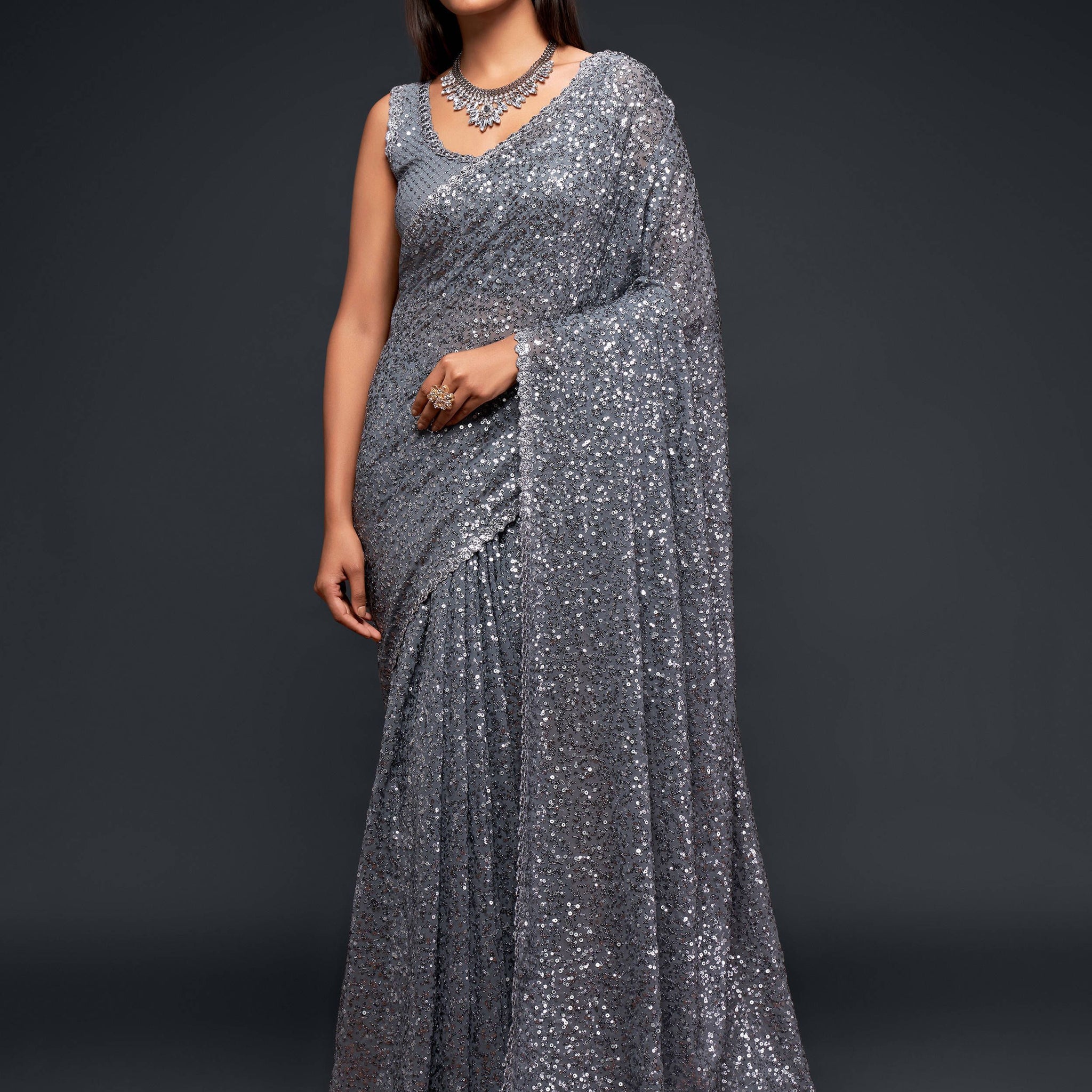 Amazing Slate Grey Sequined Georgette Party Wear Saree