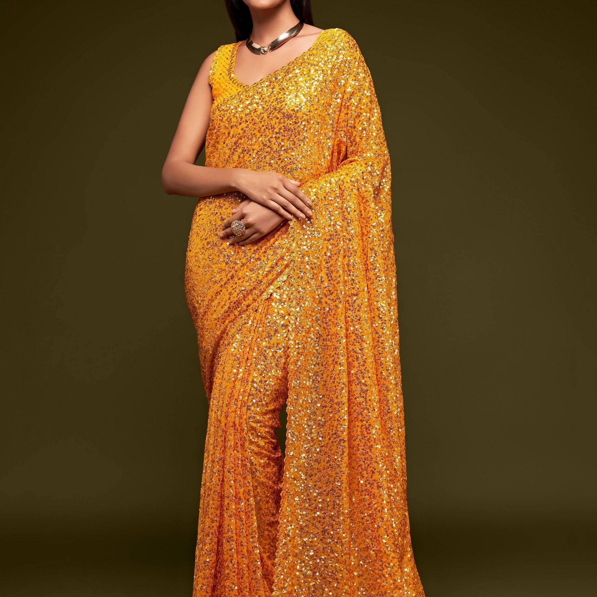Lovely Honey Yellow Sequined Georgette Party Wear Saree