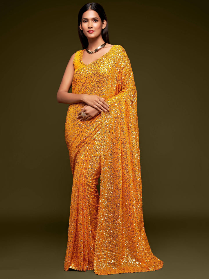 Lovely Honey Yellow Sequined Georgette Party Wear Saree