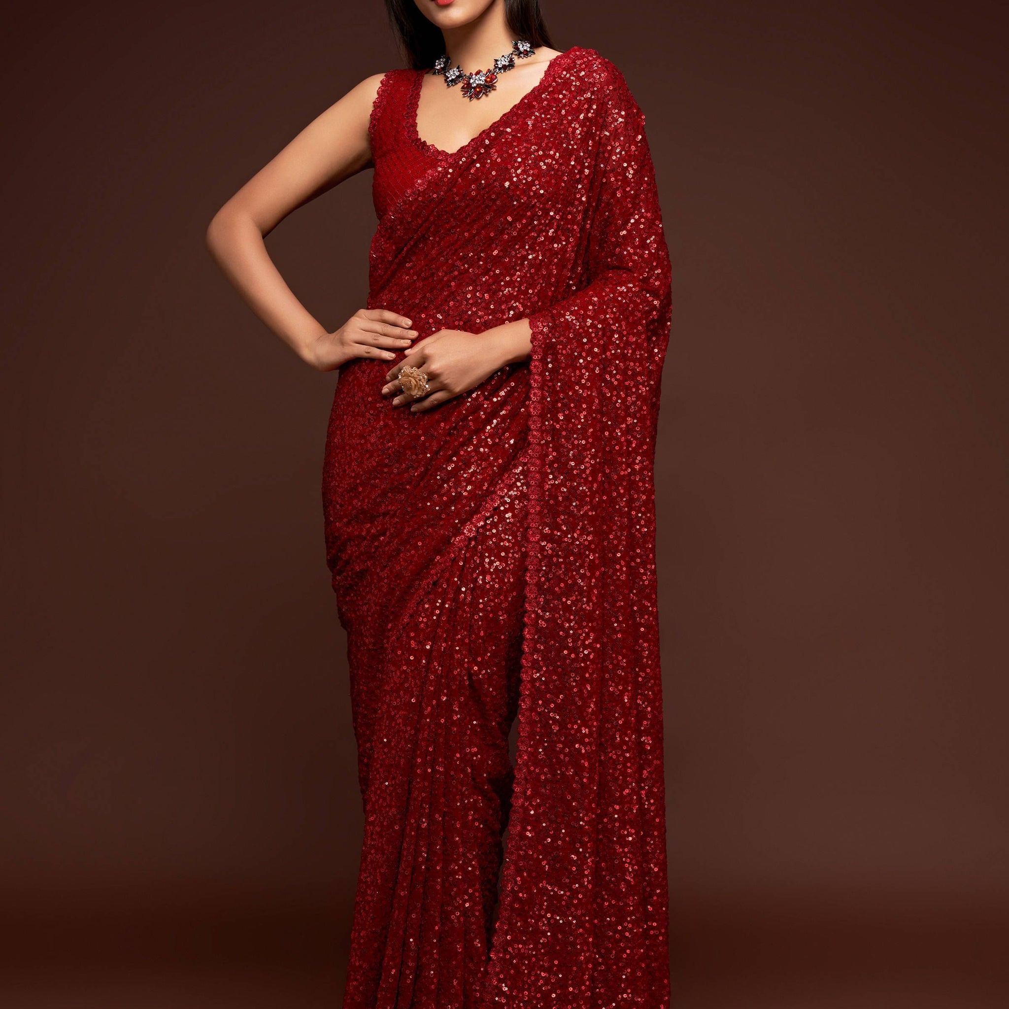 Hot Ruby Red Sequined Georgette Party Wear Saree