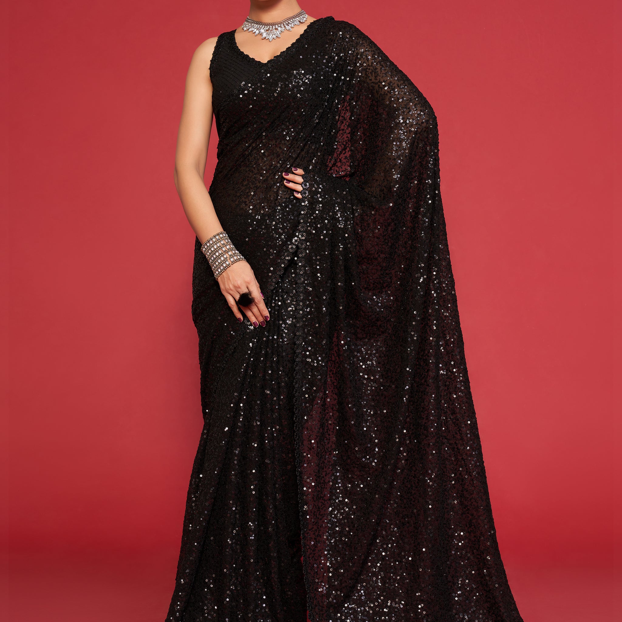 Adorable Black Sequined Georgette Party Wear Saree
