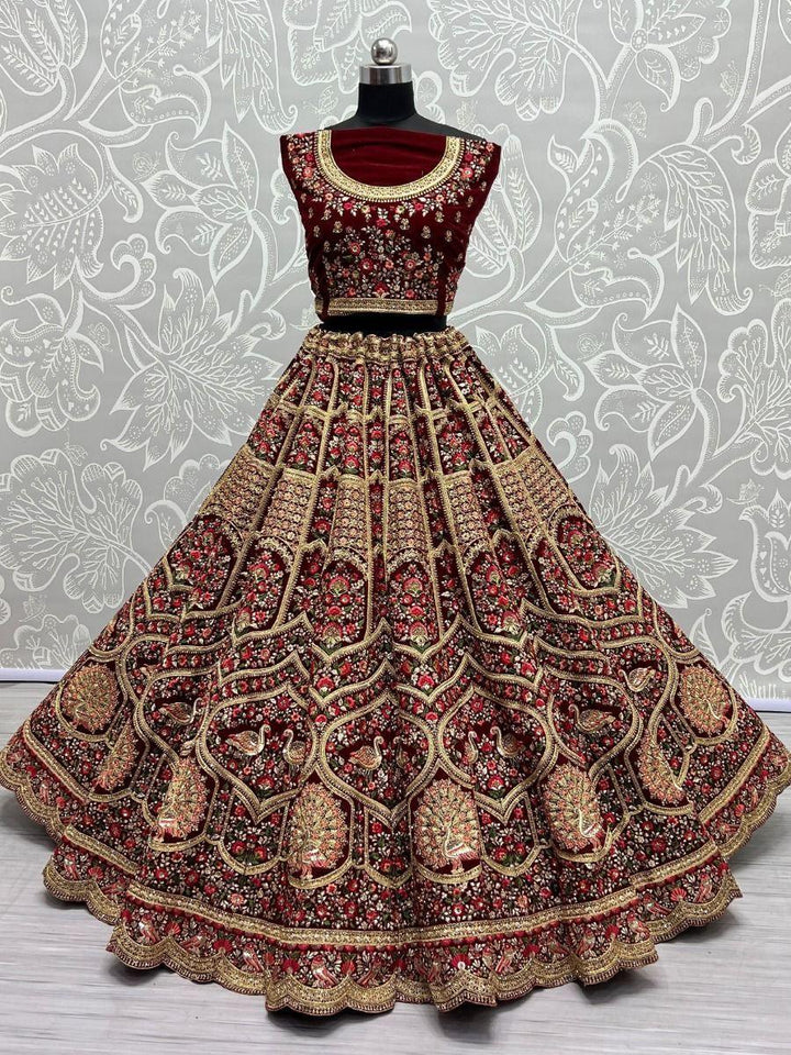 Entrancing Maroon Embroidered Work Velvet Bridal Wear Lehenga Choli