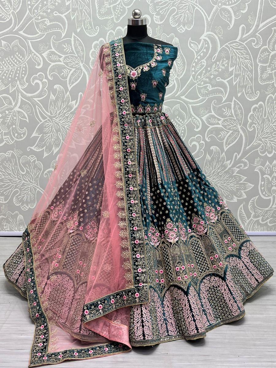 Attractive Teal Blue Embroidery Velvet Reception Wear Lehenga Choli
