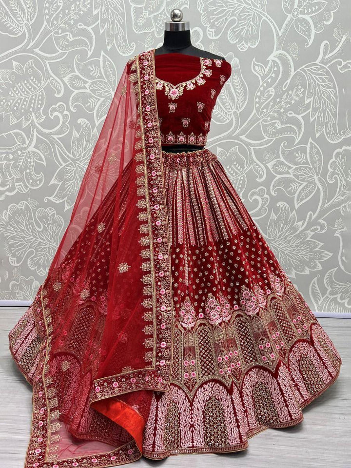 Adorable Red Multi-Thread Work Velvet Bridal Lehenga Choli With Dupatta