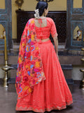 Stunning Peach Embroidered Silk Festive Lehenga Choli With Dupatta