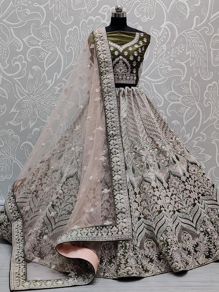 Beautiful Olive Green Velvet Multi-Thread Work Bridal Lehenga Choli