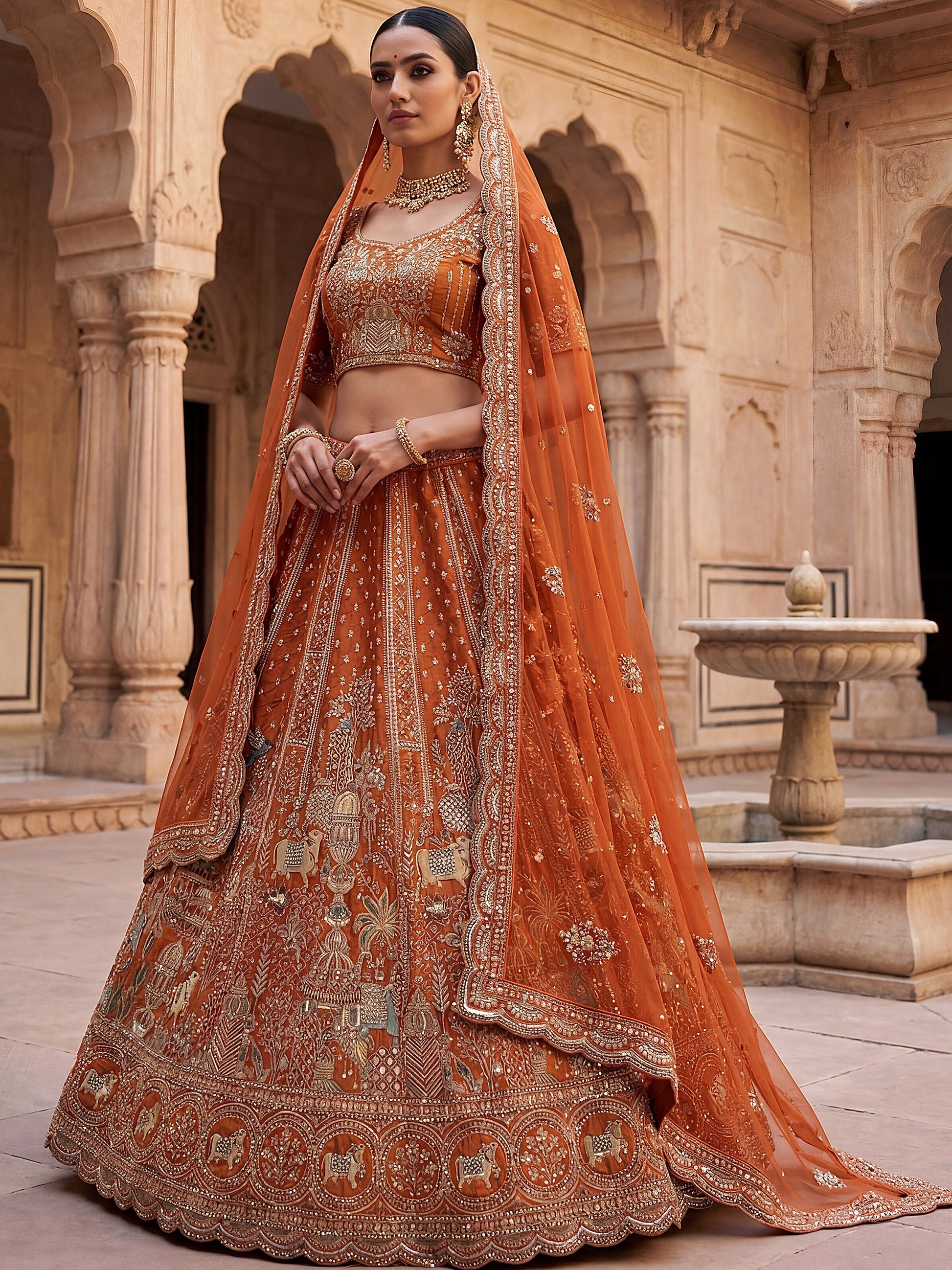 Tremendous Rust Orange Zari Work Silk Bridal Lehenga Choli With Double Dupatta