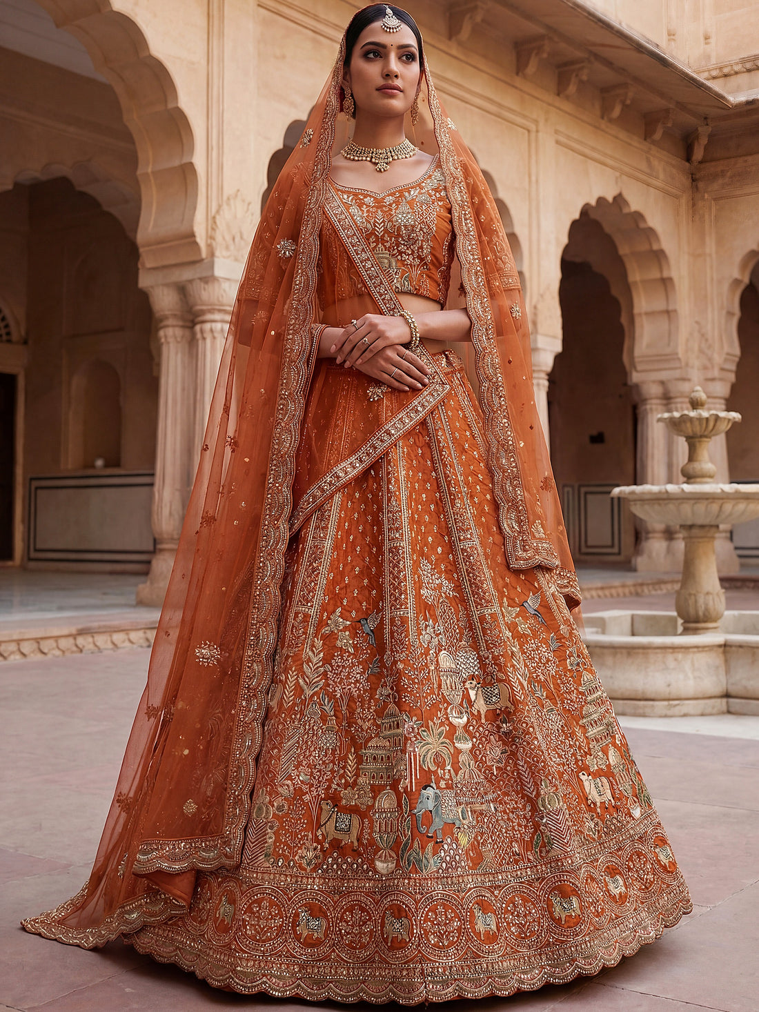 Tremendous Rust Orange Zari Work Silk Bridal Lehenga Choli With Double Dupatta