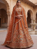 Tremendous Rust Orange Zari Work Silk Bridal Lehenga Choli With Double Dupatta