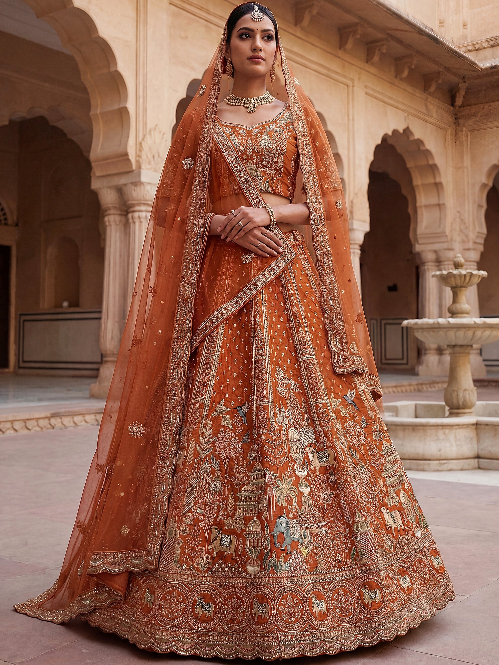 Tremendous Rust Orange Zari Work Silk Bridal Lehenga Choli With Double Dupatta