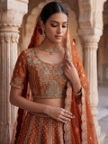Tremendous Rust Orange Zari Work Silk Bridal Lehenga Choli With Double Dupatta