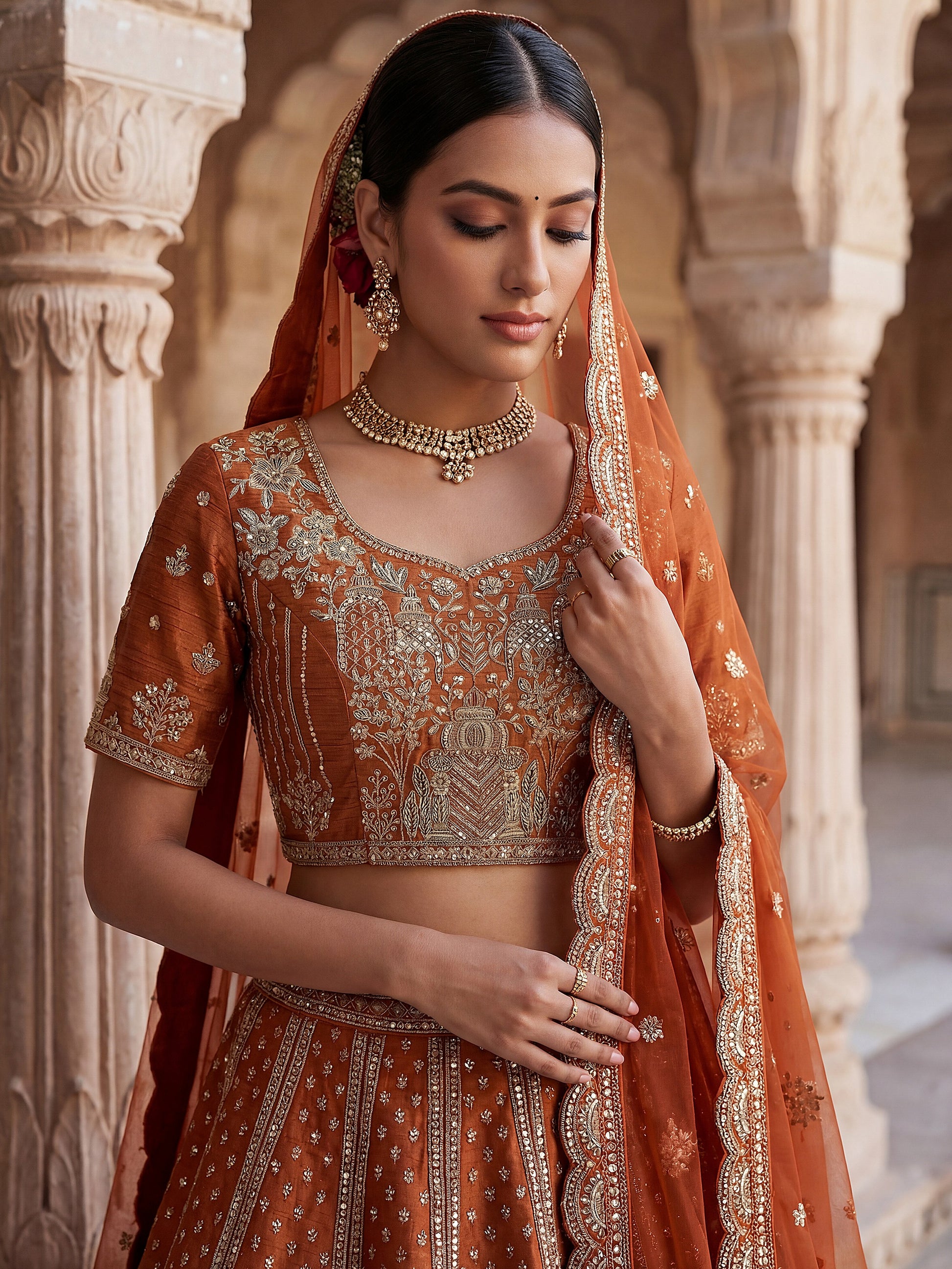 Tremendous Rust Orange Zari Work Silk Bridal Lehenga Choli With Double Dupatta