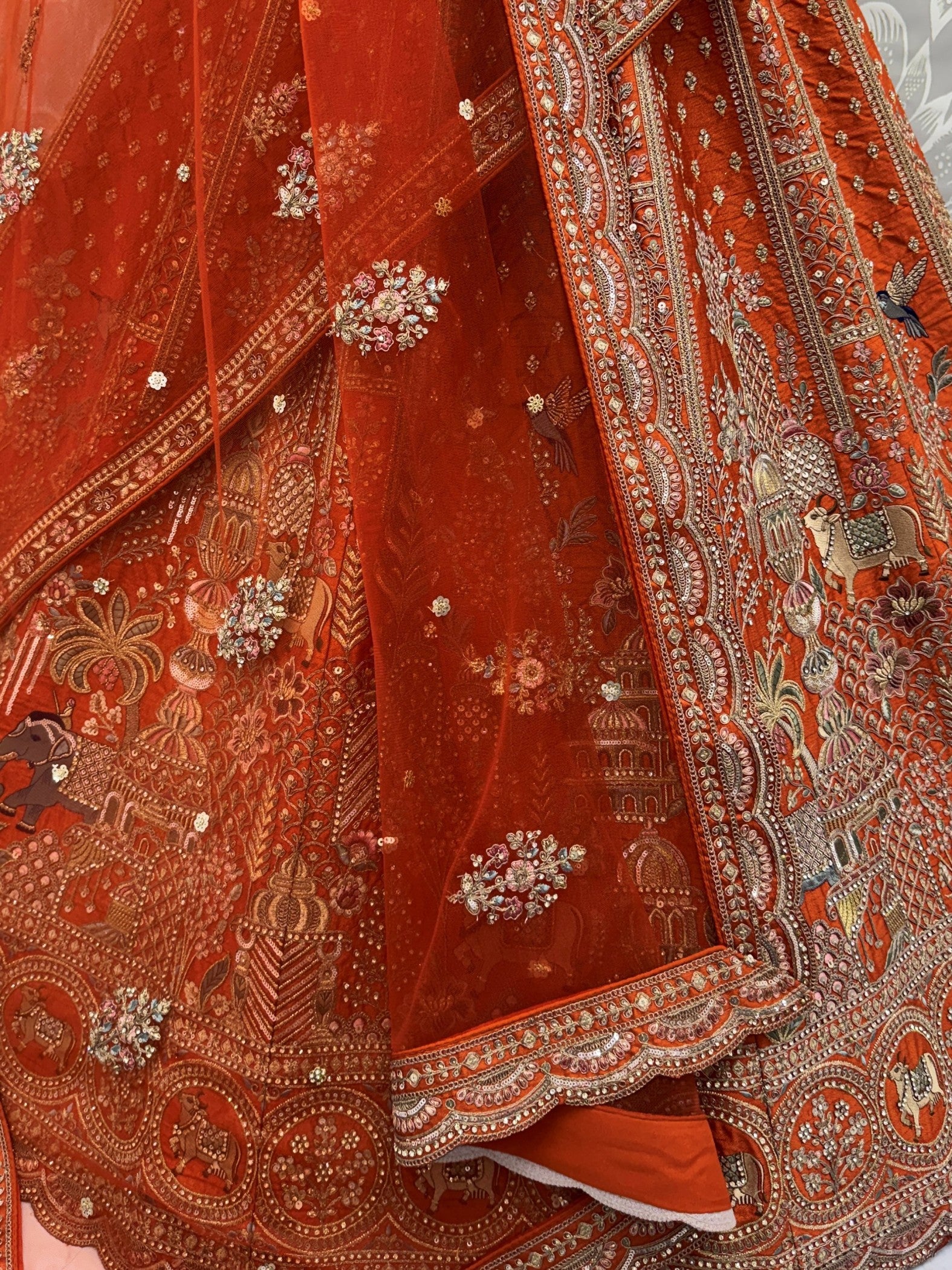 Tremendous Rust Orange Zari Work Silk Bridal Lehenga Choli With Double Dupatta