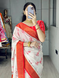 Amazing White Printed Silk Traditional Saree With Blouse