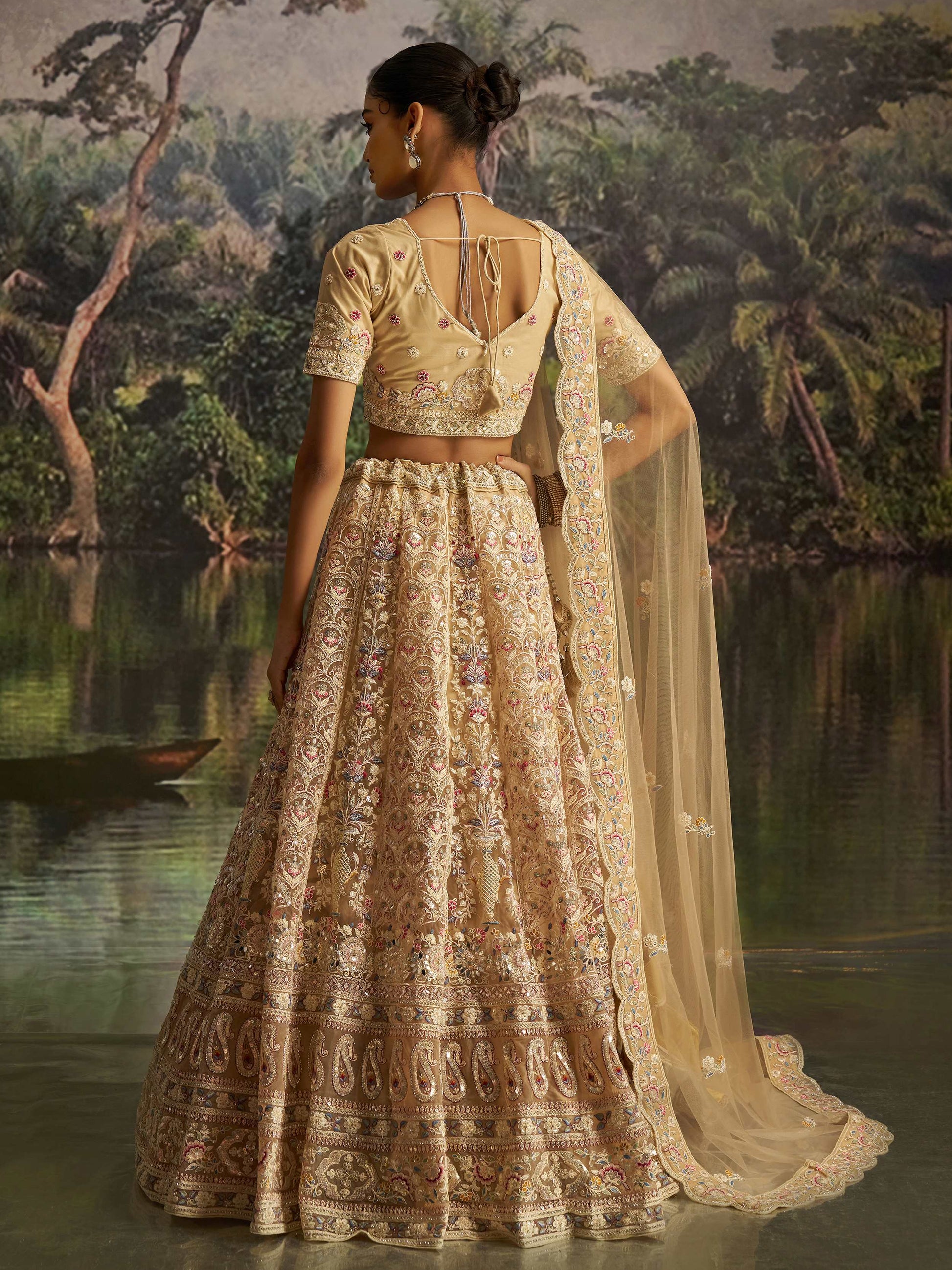 Elegant Cream Dori Embroidery Net Bridesmaid Lehenga Choli With Dupatta