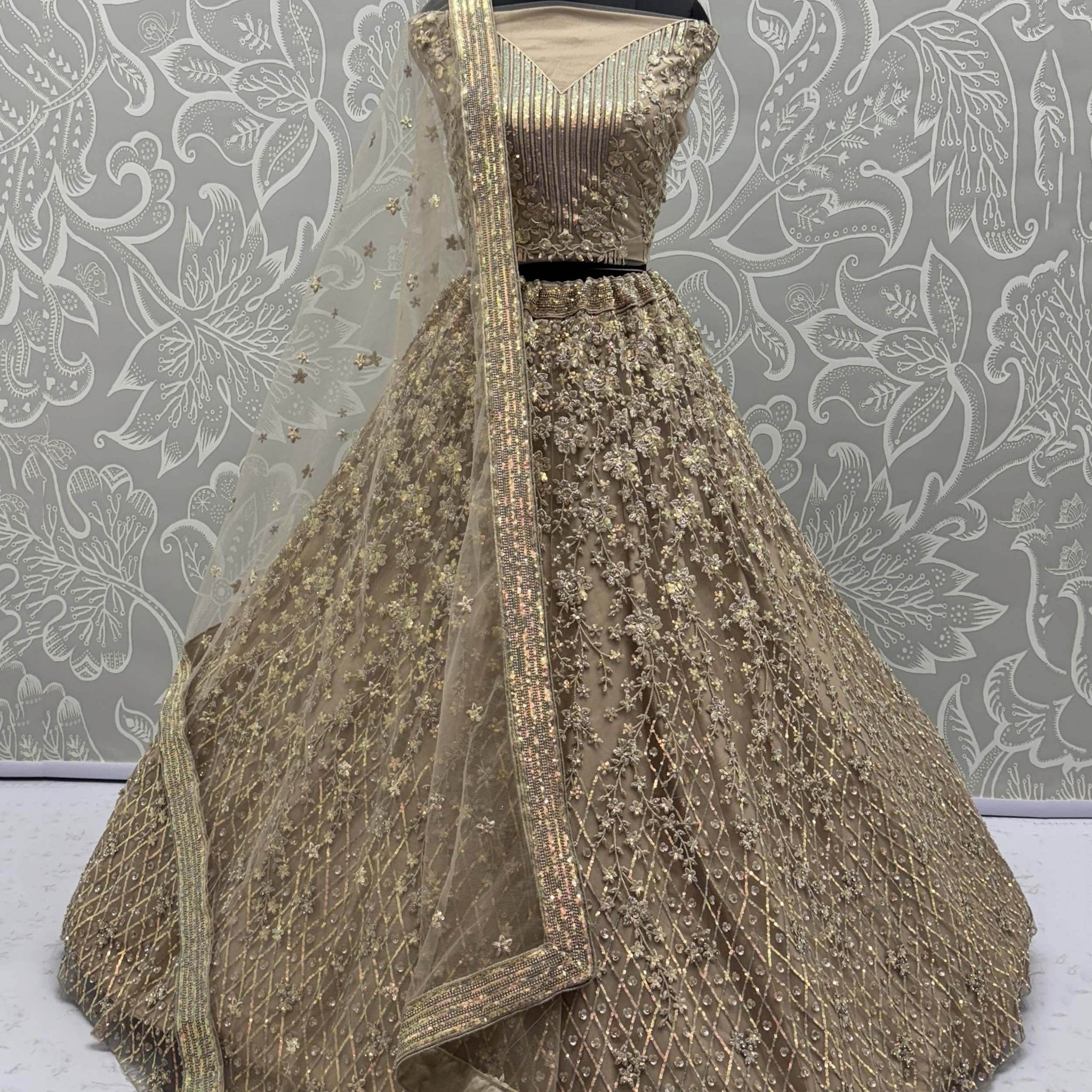 Stellar Beige Sequins Embroidered Net Lehenga Choli With Dupatta