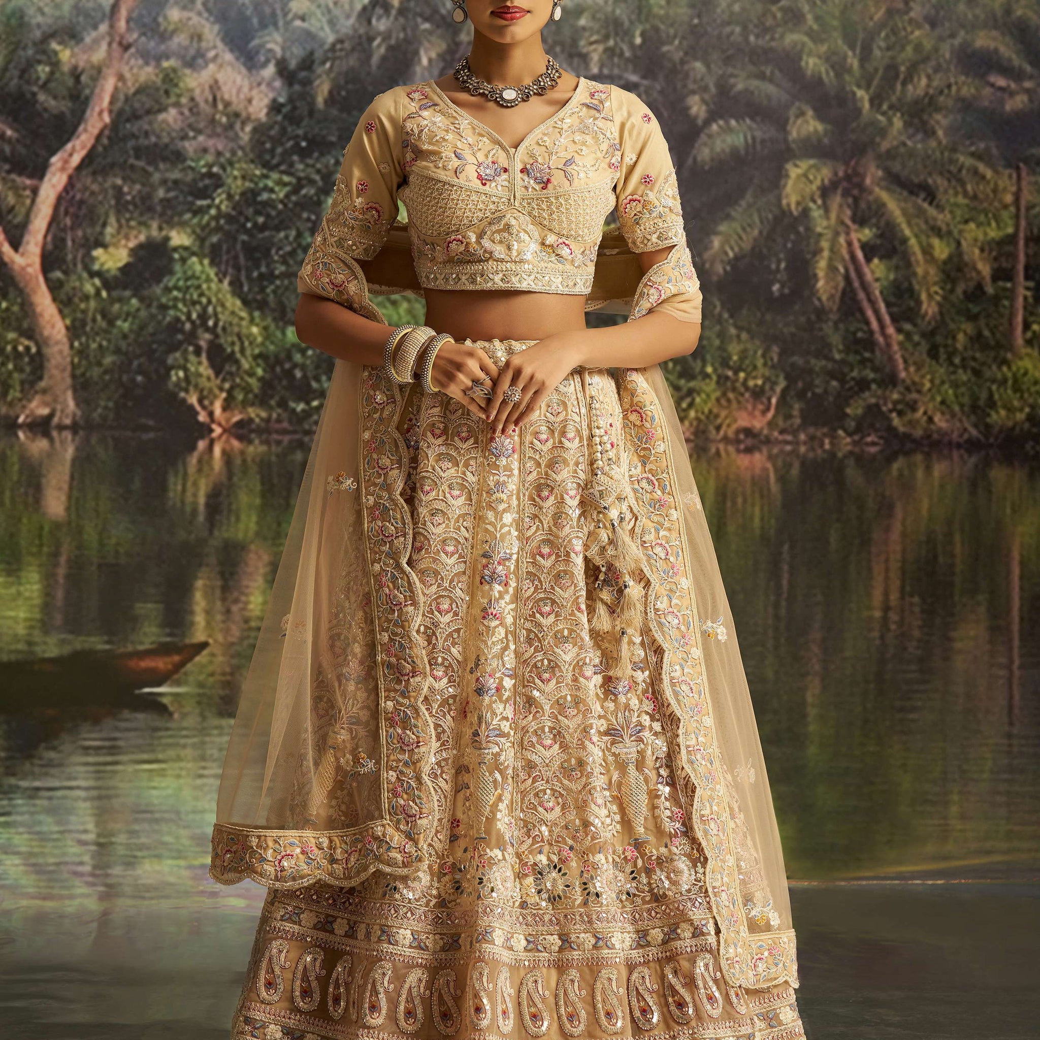 Elegant Cream Dori Embroidery Net Bridesmaid Lehenga Choli With Dupatta
