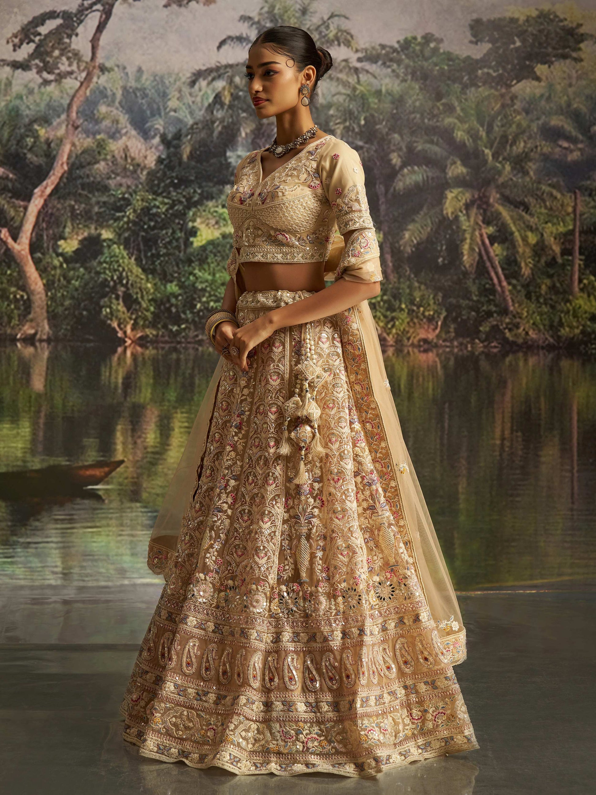 Elegant Cream Dori Embroidery Net Bridesmaid Lehenga Choli With Dupatta