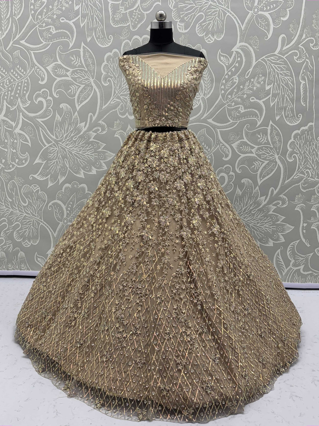 Stellar Beige Sequins Embroidered Net Lehenga Choli With Dupatta