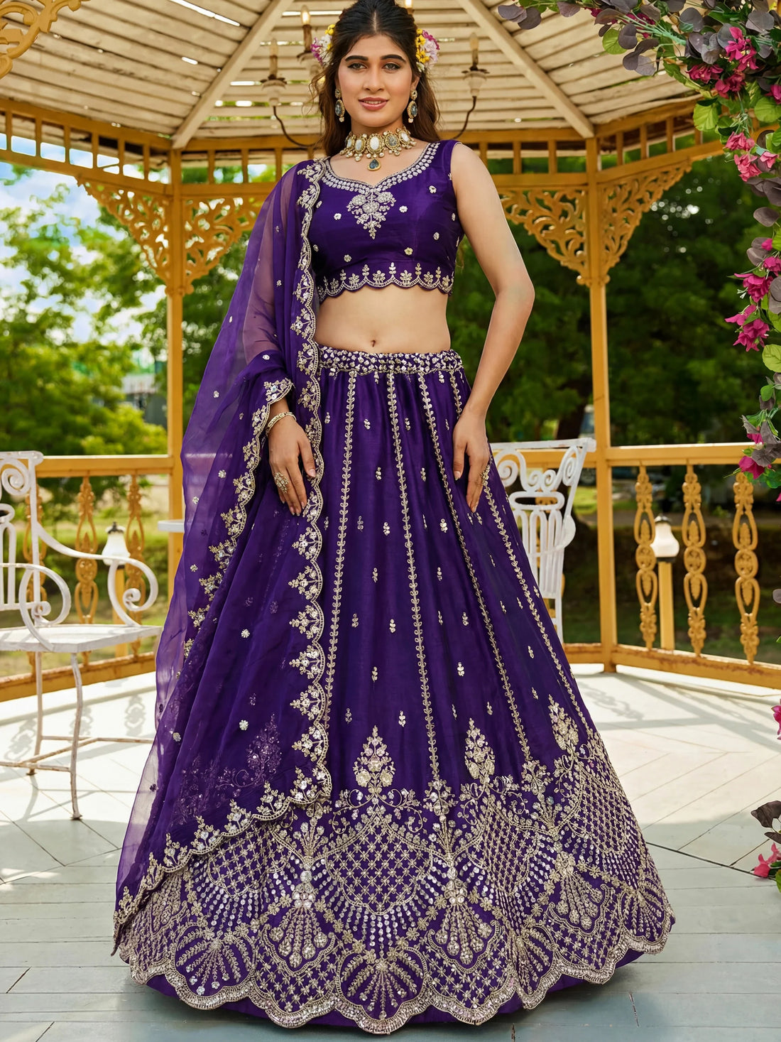 Alluring Purple Dori Embroidery Organza Wedding Wear Lehenga Choli