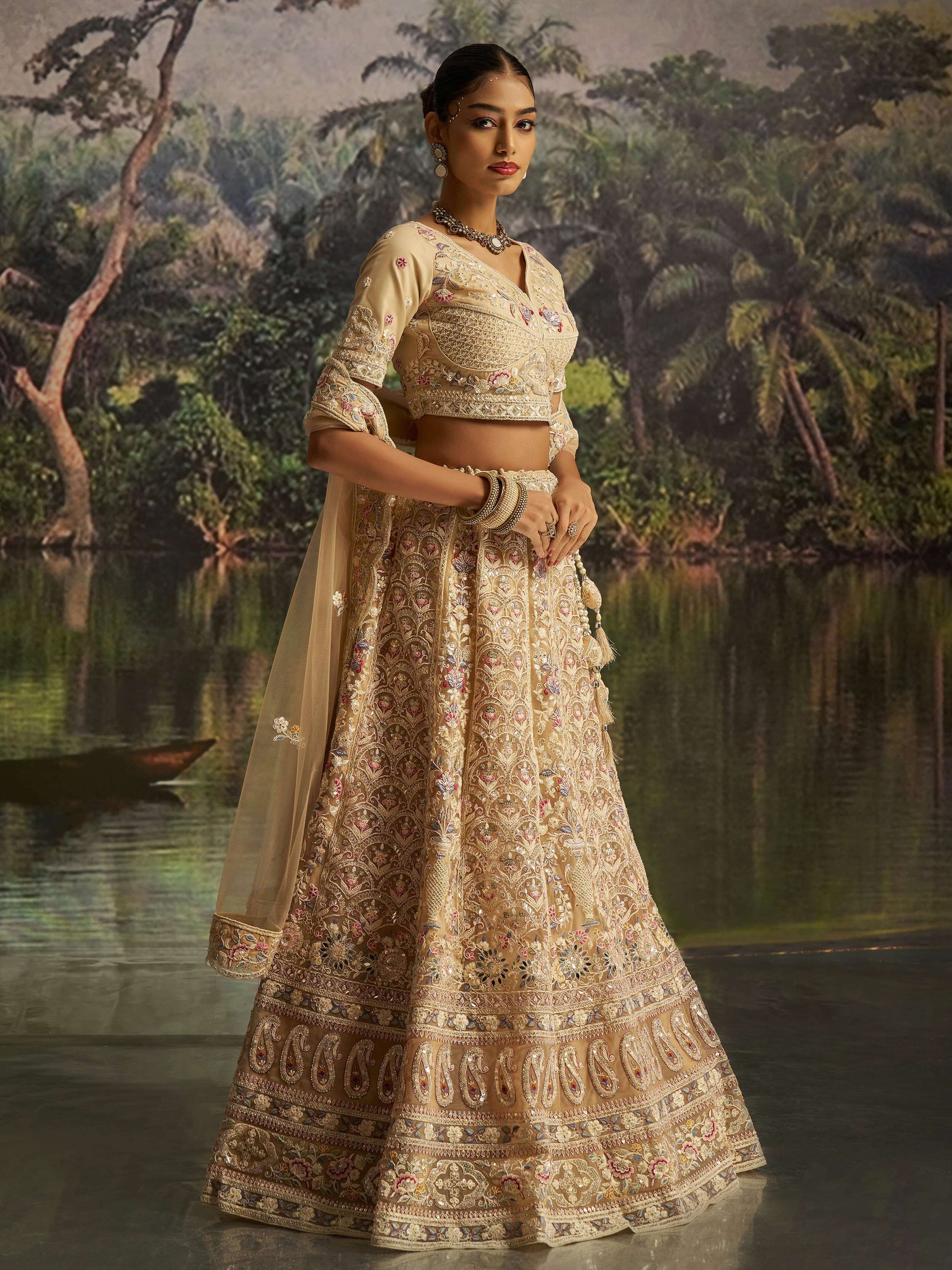 Elegant Cream Dori Embroidery Net Bridesmaid Lehenga Choli With Dupatta