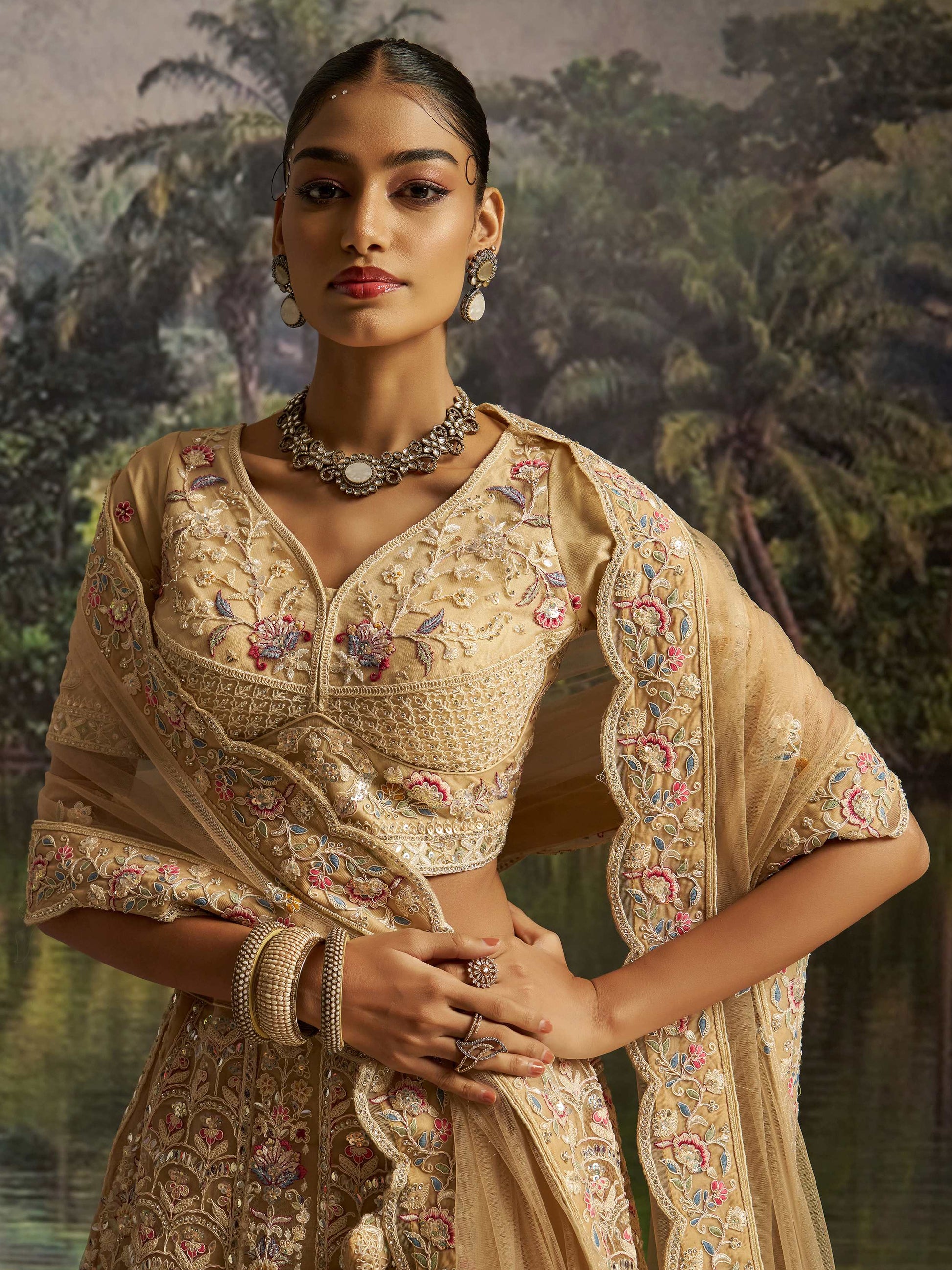 Elegant Cream Dori Embroidery Net Bridesmaid Lehenga Choli With Dupatta