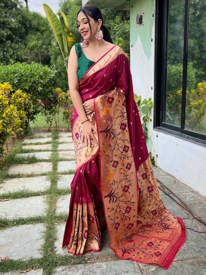 Absorbing Maroon Woven Paithani Silk Trendy Saree With Blouse - Zeel Clothing