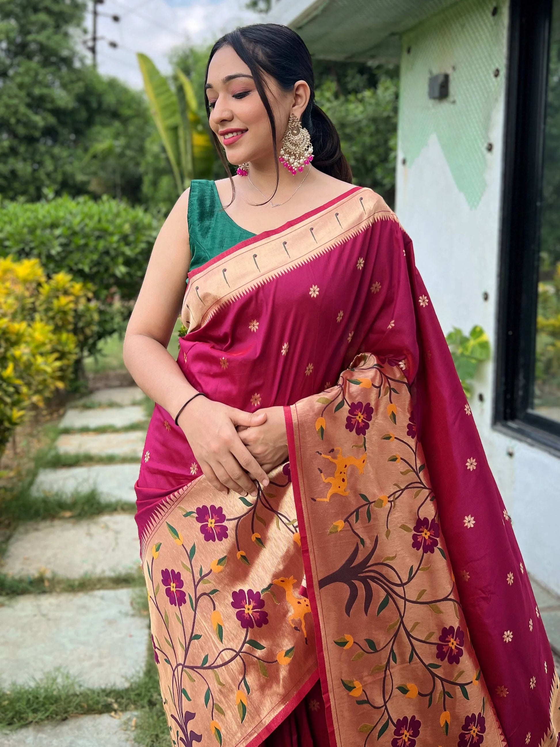 Absorbing Maroon Woven Paithani Silk Trendy Saree With Blouse - Zeel Clothing