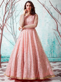 Pink floral embroidered anarkali gown with sheer sleeves, perfect for festive occasions and evening wear.