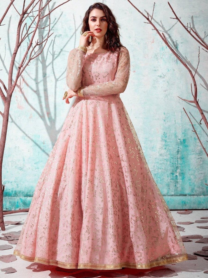 Pink floral embroidered anarkali gown with sheer sleeves, perfect for festive occasions and evening wear.