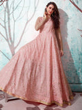Pink floral embroidered anarkali gown with gold trim, elegant women's ethnic wear for festive occasions