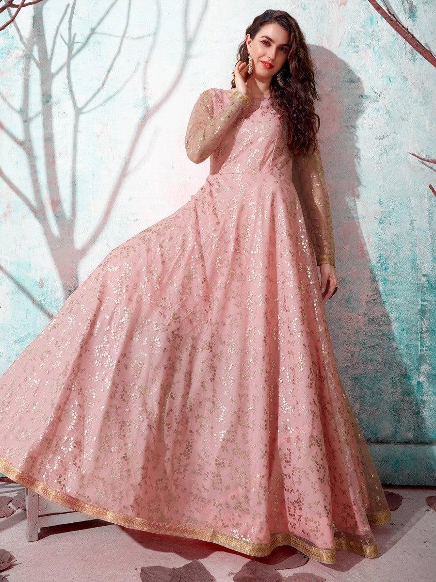 Pink floral embroidered anarkali gown with gold trim, elegant women's ethnic wear for festive occasions