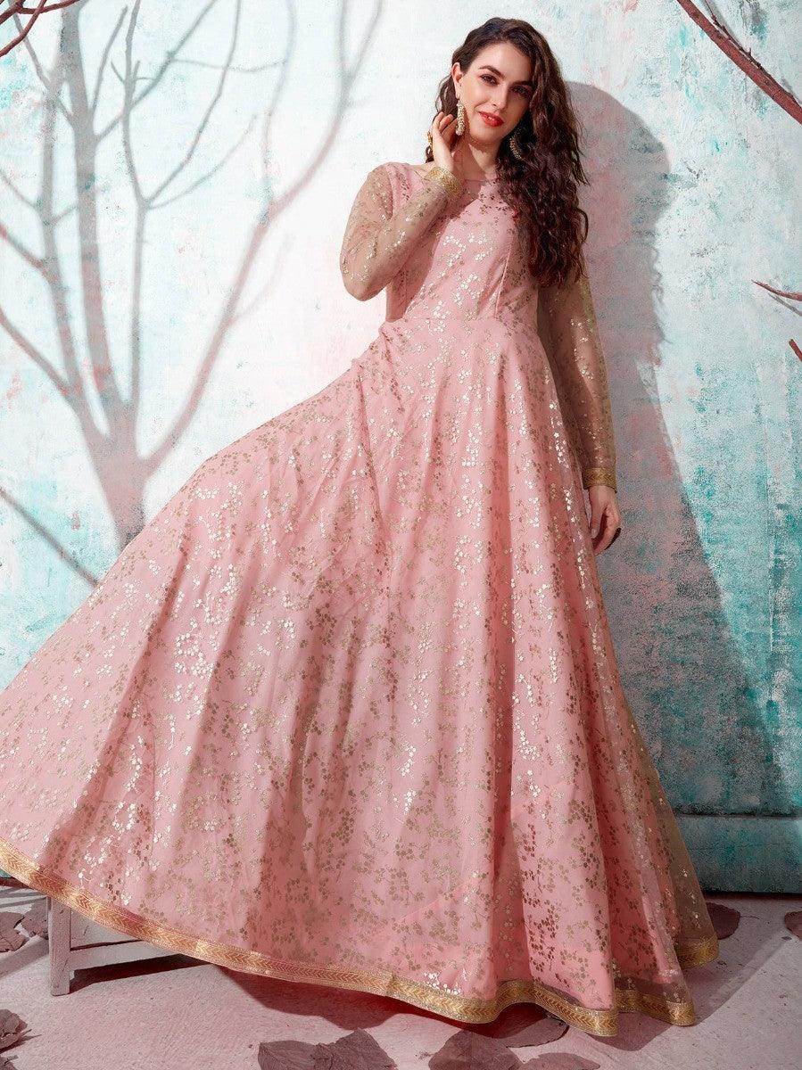 Absorbing Pink Foil Work Net Party Wear Long Gown - Zeel Clothing