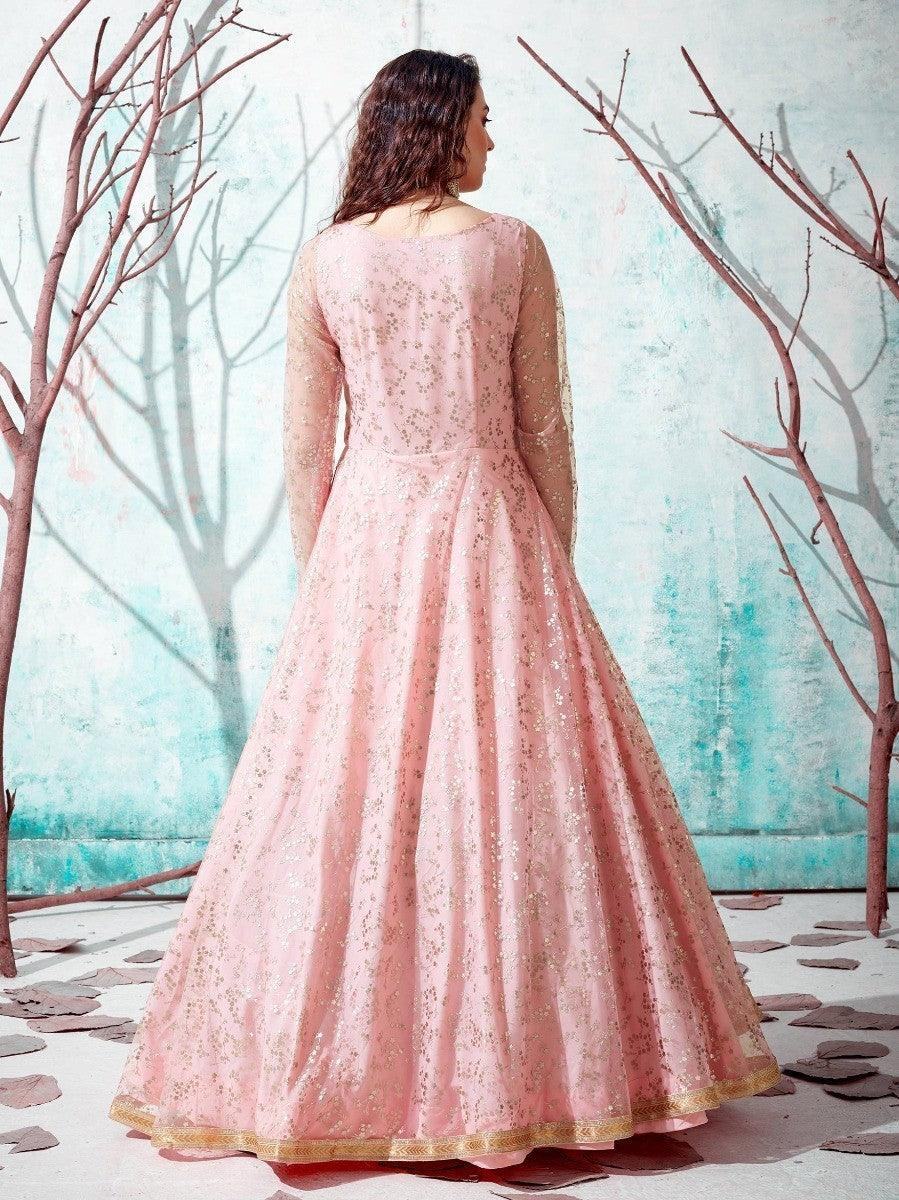Pink floral embroidered anarkali gown with gold trim, elegant women's fashion for special occasions