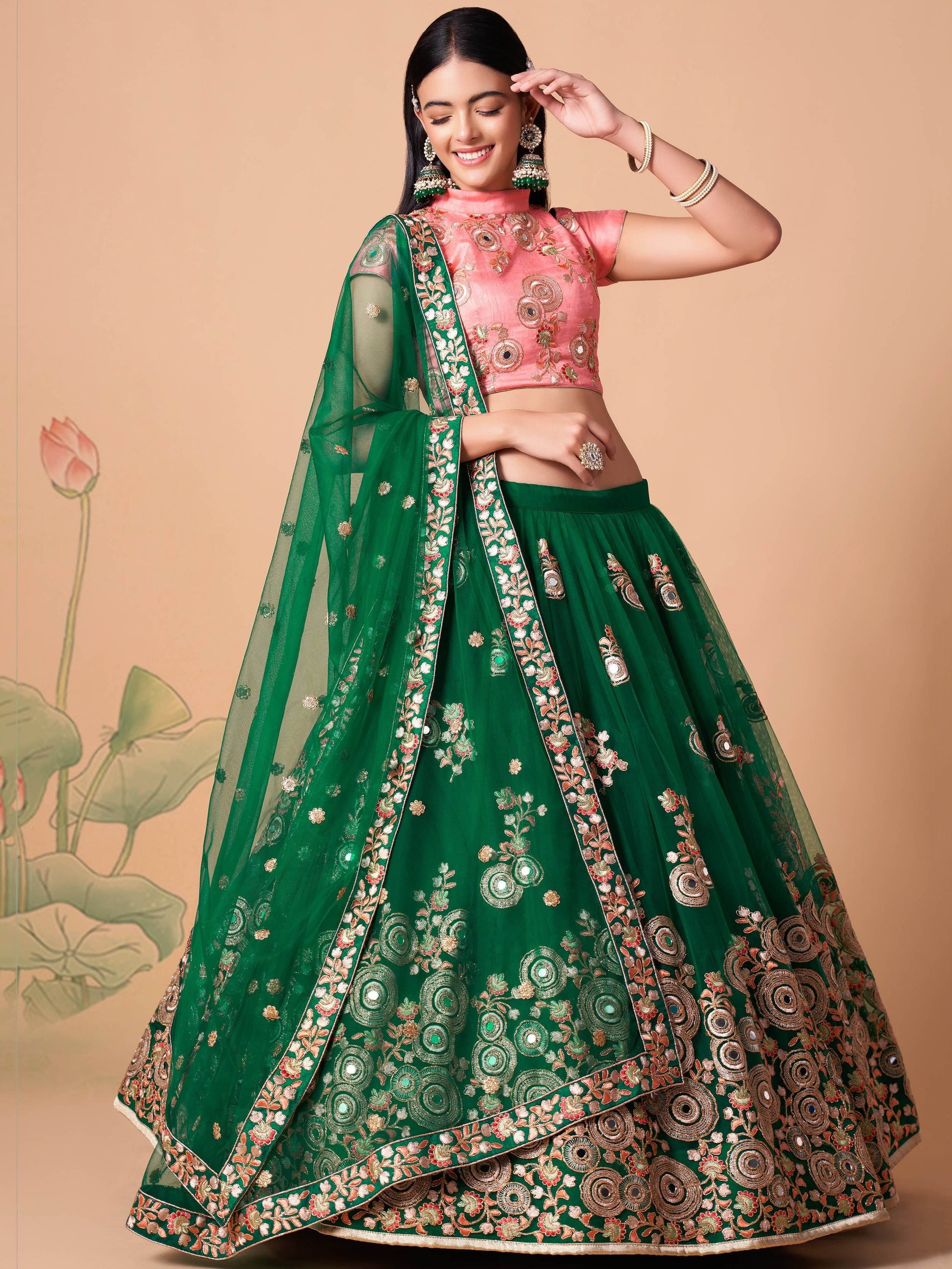 Abundant Green Mirror Work Net Reception Wear Lehenga Choli - Zeel Clothing