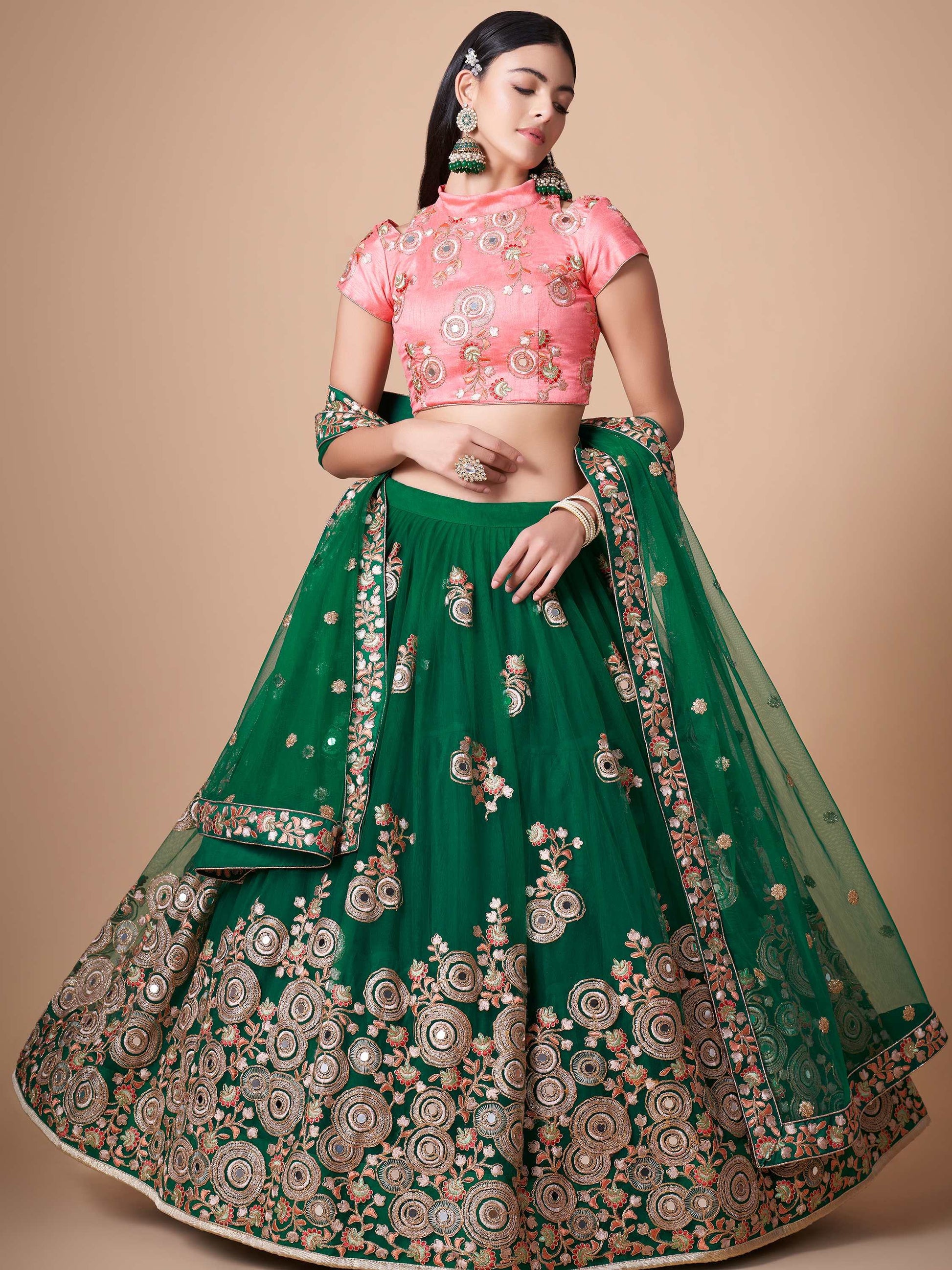 Abundant Green Mirror Work Net Reception Wear Lehenga Choli - Zeel Clothing