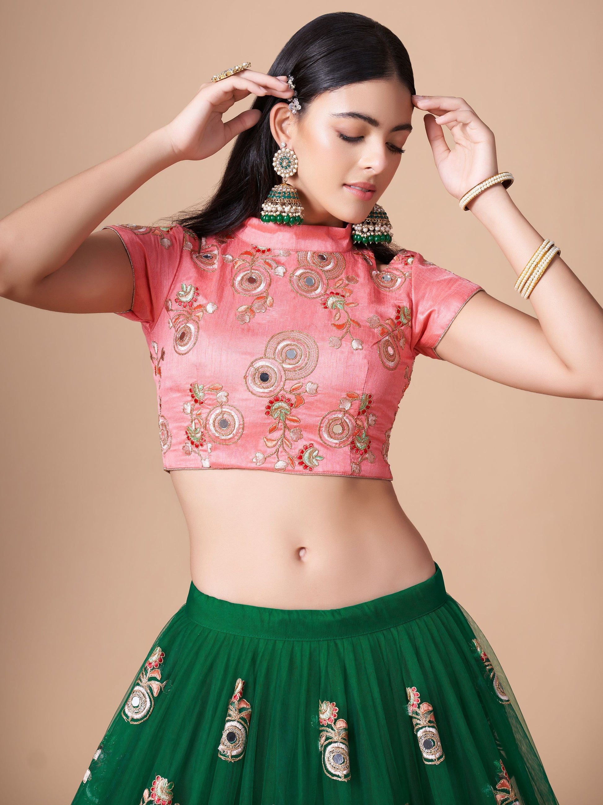 Abundant Green Mirror Work Net Reception Wear Lehenga Choli - Zeel Clothing